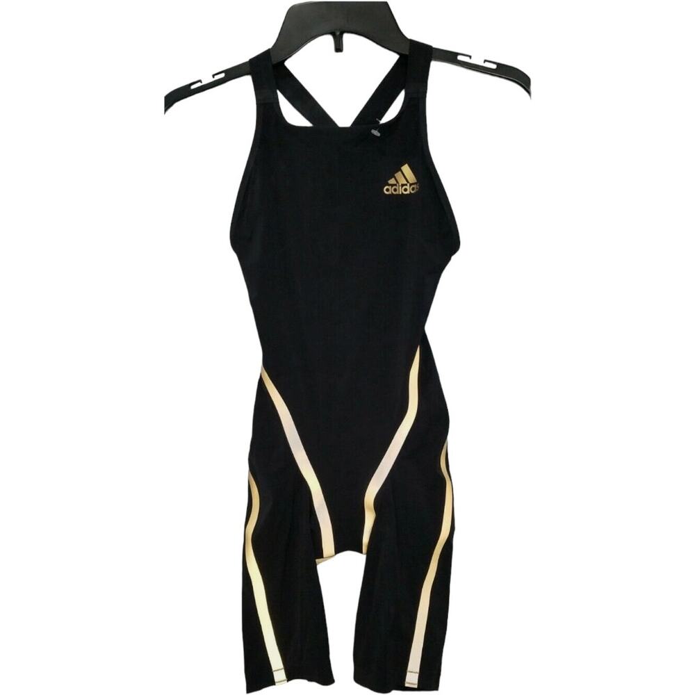 NWOT $450 Adidas Adizero XX Open-Back Swimsuit Black/Gold Lining Size 22” Or XS